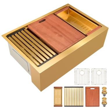 Imagem de Avental de 91 cm - Pia de cozinha de casa de fazenda dupla de calibre 16 polegadas, pia de cozinha grande de aço inoxidável com acessórios abundantes (ouro, 91 cm x 56 cm)