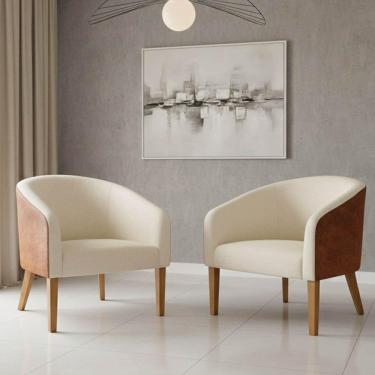 Imagem de Poltrona Sala Decorativa Kit 2 Stella Pé Madeira Trapézio Castanho Sintético Pu Nozes-linho Bege D03 - D'rossi