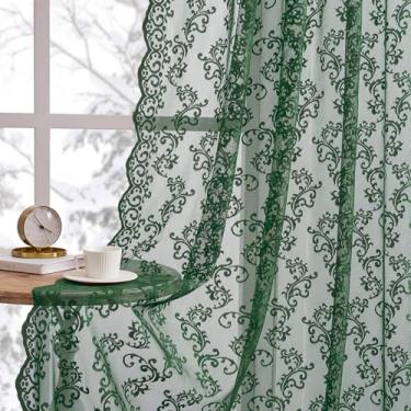 Imagem de Cortinas de renda verde escuro 182 cm de comprimento, 2 painéis, vintage, cortinas de renda transparente para sala de estar, quarto, bolso de varão, filtragem de luz, janela romântica, decoração de