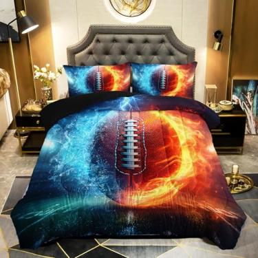 Imagem de QOOMO Conjunto de edredom completo de futebol americano, 3 peças, fogo e água, para adolescentes, meninos e meninas, edredom com 2 fronhas, macio e leve
