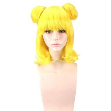 Imagem de Peruca de cosplay amarela, coque duplo, curta, encaracolada, 35 cm par