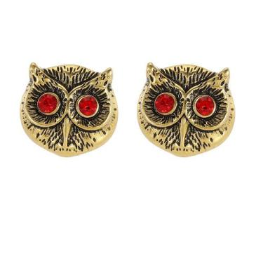 Imagem de Cuff Links Vintage Owl em liga dourada com olhos de cristal vermelho -