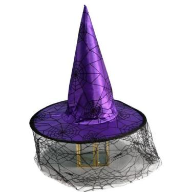 Imagem de Chapéu de bruxa roxo com estampa de teia de aranha e véu de renda - yi