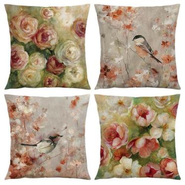 Imagem de Conjunto de fronhas vintage em aquarela floral e linho de pássaros - y