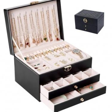 Imagem de Porta Joias Luxo 3 Camadas com 2 Gavetas com Fechadura – Organizador de Joias e Bijuterias Preto em Couro com Interior em Veludo para Anéis, Brincos, Colares, Pulseiras e Relógios