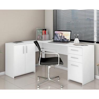 Imagem de Mesa de Escritório Escrivaninha Em L Home Office Para Computador Quarto 3 Portas 2 Gavetas Branca