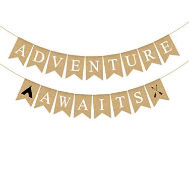 Imagem de Banner Jute Burlap Adventure Awaits para festa de formatura, festa de aposentadoria Bon Voyage, decoração para chá de bebê