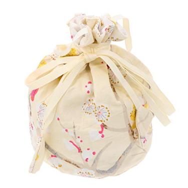 Imagem de NUOBESTY Bolsa de cordão japonesa quimono bolsa tipo quimono flor de cerejeira Sakura bolsa floral bordada para joias bolsa de presente bege