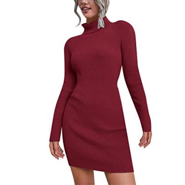Imagem de Vestido suéter de gola rolê para mulheres outono colado ao corpo vestido suéter de inverno manga longa tricotado, Vermelho, P