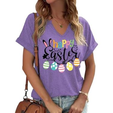 Imagem de Camisetas femininas do Dia de Páscoa com estampa de letras He is Risen Cute Bunny Rabbit Graphic Tee Tops Blusa, V - roxo - 1, P
