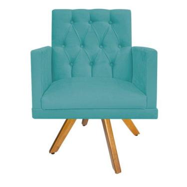 Imagem de kit 02 Poltronas Nanda Base Giratória de Madeira Suede Azul Turquesa -