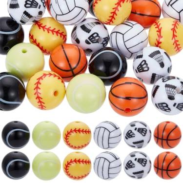Imagem de SUNNYCLUE 36 contas esportivas de 18 mm grandes contas grossas resina tema esportivo sortido futebol tênis beisebol bola redonda espaçador chiclete a granel para fazer joias, caneta, chaveiros,
