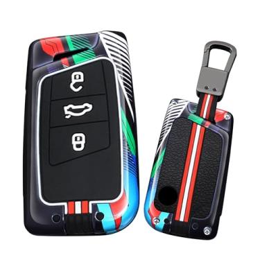 Imagem de HIBEYO Capa de chaveiro de 3 botões compatível com VW Volkswagen Passat Tiguan Skoda CC B8 MK2 B7 Superb A7 Magotan Acessórios Fashion Metal Painted Key Shell com chaveiros - 3 botões preto