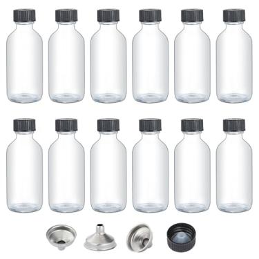 Imagem de Garrafas de vidro de 59 ml com tampas, 12 recipientes pequenos de vidro com tampas e 3 funis de aço inoxidável, garrafas decorativas transparentes reutilizáveis para suco, bem-estar, doses de gengibre