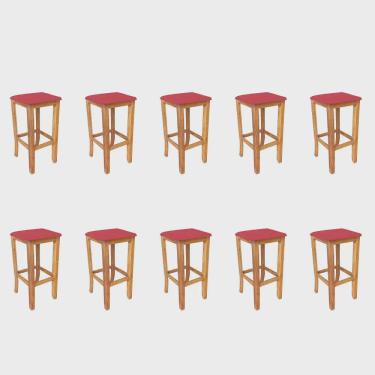 Imagem de Kit 10 Banqueta Alta Cally Gourmet Balcão Bistrô Cozinha Base Madeira Maciça Sintético Vermelho - Ahz Móveis