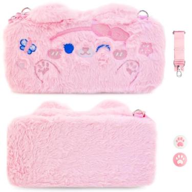 Imagem de RHOTALL Bolsa De Transporte Pelúcia Gato Rosa Compatível Com Switch/Oled, Protetora Viagem Portátil E Peluda, Alça Ombro Removível, 2 Protetores Polegar, Absorção Choque