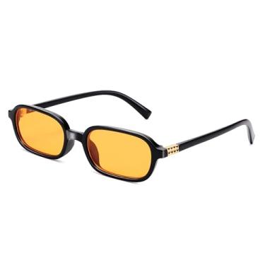 Imagem de NULOOQ Óculos de sol retangulares retrô para mulheres, óculos de sol pequenos e estreitos da moda dos anos 90, C6* Armação preta/lente amarela, Small