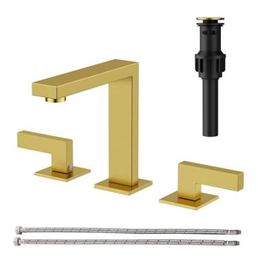 Imagem de RUMOSE Torneiras de banheiro douradas escovadas de 20 cm para pia 3 furos de aço inoxidável 2 alças torneira quadrada moderna RV torneiras de banheiro com ralo pop-up torneira de vaidade montada no