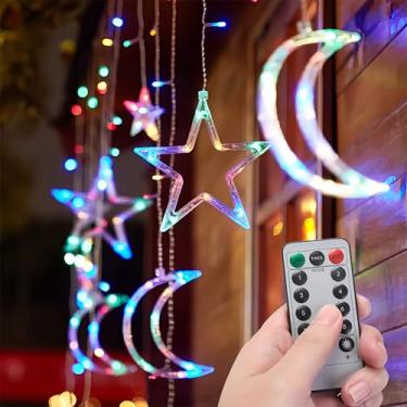 Imagem de Luzes de cortina para decoração de lua e estrelas, cordão de 3,5 m para quarto, Natal, decoração do Ramadã, luz LED cintilante, funciona a bateria ou plugue USB (multicolorido + controle remoto)