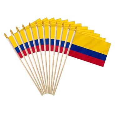 Imagem de Bandeira da Colômbia 10 x 15 cm, pacote com 12, pequena mini bandeira nacional colombiana portátil da América Latina em espanhol para decoração do mês da herança hispânica com mastro de madeira e topo