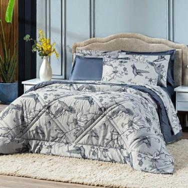 Imagem de Kit Edredom Beija-flor Azul/Cinza com Fronha SOLTEIRO 02 Peças - Dupla