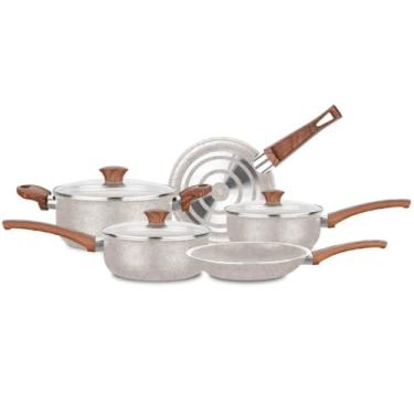 Imagem de Conjunto de Panelas Vanilla Cerâmica 5 Peças – Antiaderente Cerâmico | 18cm, 20cm, Caçarola 22cm, Frigideiras 22cm e 24cm | Tampas de Vidro, Cabos Antitérmicos (VANILLA)