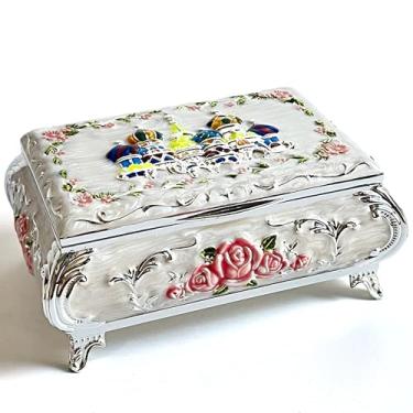 Imagem de KiteStar Baú de joias vintage retangular, caixa de joias de metal colorido em relevo de castelo, pulseira, colar, brincos, anel de armazenamento para mulheres (rosa, pequeno)