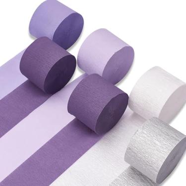 Imagem de PartyWoo Flâmulas de Papel Crepom 6 Rolos de 492 Pés, Pacote de Prata Metálica, Roxo Claro, Lilás, Roxo Lavanda, Papel Crepom Branco para Decorações de Aniversário, Decorações de Chá de Bebê(1,8" X 82