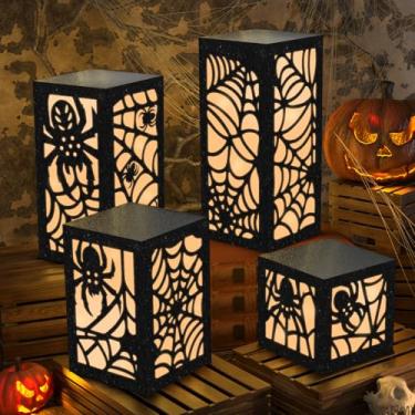 Imagem de OuMuaMua 4 peças de decoração de festa de Halloween, caixas de centro de mesa de Halloween, lanternas de papel de teia de aranha iluminadas com luzes de LED para artigos de festa assustadores