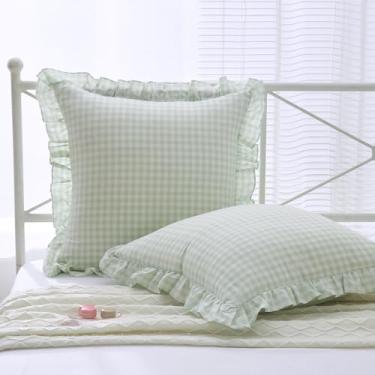 Imagem de K MASANIJI Pacote com 2 capas de almofada quadradas europeias com babados guingão verde, 100% algodão lavado, guingão, xadrez, casa de fazenda, fronhas decorativas para cama/sofá, fecho de zíper -56