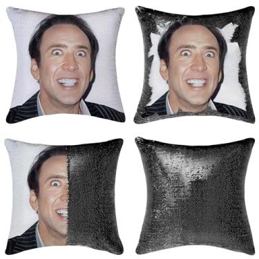 Imagem de Kiuree Nicolas Cage Fronhas de Lantejoulas Presentes Engraçados Capa de Almofada de Lantejoula Reversível Capa de Almofada Decorativa 40,6 x 40,6 cm, Preta