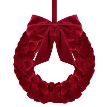 Imagem de HEYTIMI 1 guirlanda de veludo de Natal de 33 cm, decoração de guirlanda de porta da frente, enfeite de guirlanda de Natal com laço para mesa de festa interna ao ar livre, lareiras, paredes de varanda