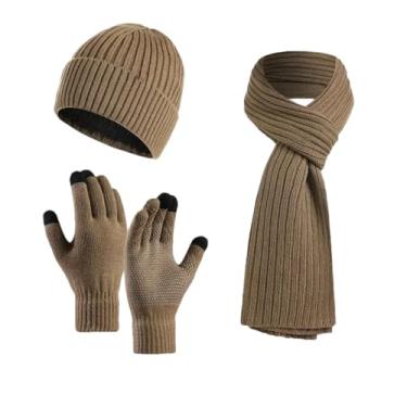 Imagem de Gorro masculino de malha quente de inverno para homens, luvas de tela sensível ao toque, para mulheres, cachecol térmico, capa de pescoço inteiro cáqui