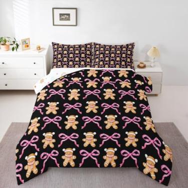 Imagem de Feelyou Conjunto de edredom para crianças, solteiro, Natal, fofo, pão de gengibre, para meninos, meninas, adolescentes, kawaii, rosa, laço de inverno, férias, edredom para decoração de quarto