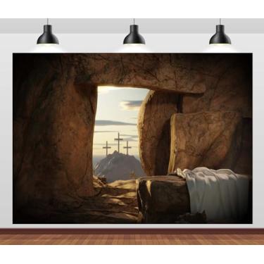 Imagem de CORFOTO Pano de fundo para fotografia tumba de pedra vazia de 2,1 x 1,5 m com três crucifixo na montanha, crucifixo, Lord Pray, Páscoa, igreja, eventos, decoração, estúdio, adereços