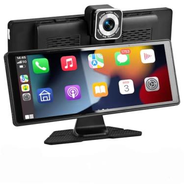 Imagem de Tela Carplay sem fio para carro, tela portátil de 26 cm com câmera de painel 4K e câmera de backup 1080P, receptores de áudio de carro com Carplay e Android Auto, navegação GPS, Airplay, link