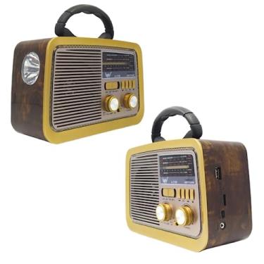 Imagem de Rádio Retrô Portátil com Bluetooth, 5W, Alto-falante 3 Polegadas, AM/FM/SW, Lanterna LED, Bateria Recarregável 1200mAh, Entrada USB/SD, 21x16x10cm (Madeira Escuro)