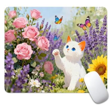 Imagem de CANFLASHION Mouse pad quadrado, mousepad pequeno personalizado com designs, base de borracha antiderrapante para jogos para computadores, laptop, escritório, 240 mm x 200 mm, gatos e flores brancas