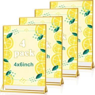 Imagem de PUREZON Pacote com 4 suportes de placa de acrílico, molduras douradas 4 x 15, suporte de exibição transparente dupla face, molduras de acrílico para casamento, menus, número de mesa, escritórios, foto