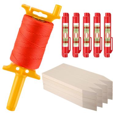 Imagem de Gulfmew 1 peça #18 Corda de linha de pedreiro com alça, 5 peças de níveis embutidos e 20 peças de estacas de jardim de madeira, kit de linha de nível de corda para projetos ao ar livre faça você mesmo