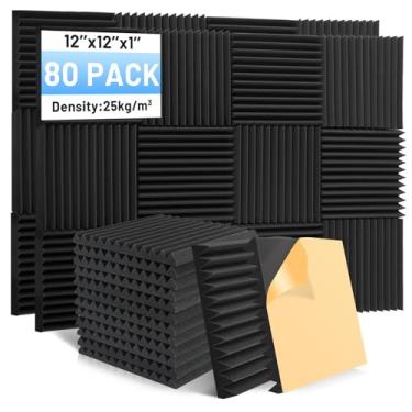 Imagem de Focusound Pacote com 80 painéis de espuma de som, painéis de espuma acústica de 2,5 cm x 30,5 cm x 30,5 cm com painéis de cunha autoadesivos à prova de som de alta densidade para estúdio, escritório