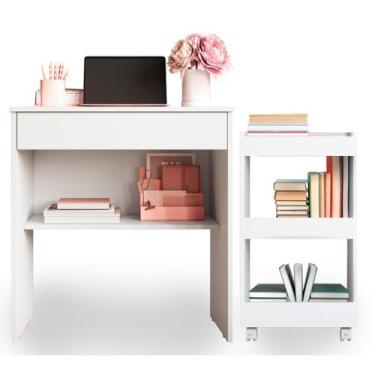 Imagem de Escrivaninha para Quarto，Kit Escritório: Mesa com Gaveta + Carrinho Auxiliar - Fácil Montagem(Branco)