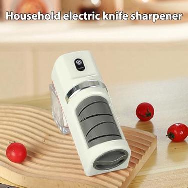 Imagem de Afiador de facas elétrico USB recarregável portátil com base antiderrapante rebolo grosso e fino para chef de cozinha em casa para uso em acampamento ao ar livre (Bege)