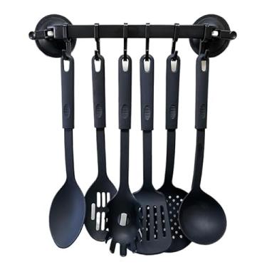 Imagem de Conjunto 6 Utensilios com Gancho de Cozinha de Nylon Colher Concha Escumadeira Espátula Pegadores (KIT PRETO COM SUPORTE)