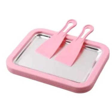 Imagem de Máquina de Rolo de Sorvete Caseiro em Aço Inox – Ice Cream Roll Maker com Espátulas(rosa)