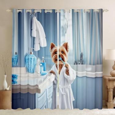 Imagem de Manfei Lindas cortinas blackout para cães, escova de dentes para cuidados pessoais, decoração de quarto de meninos e meninas, cortinas de janela de animais mágicos engraçados, azul e branco, 2 painéis