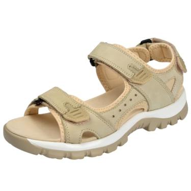 Imagem de Harssidanzar Sandálias femininas de couro para atividades ao ar livre, sandálias de caminhada casuais, sandálias de caminhada com alça ajustável, sandálias de praia para mulheres SL256US, Bege, 37