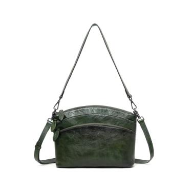 Imagem de Bolsa tiracolo vintage para mulheres - Bolsa de ombro com zíper triplo de couro legítimo com 2 alças para uso diário, Verde, Bolsa tiracolo feminina de couro vintage