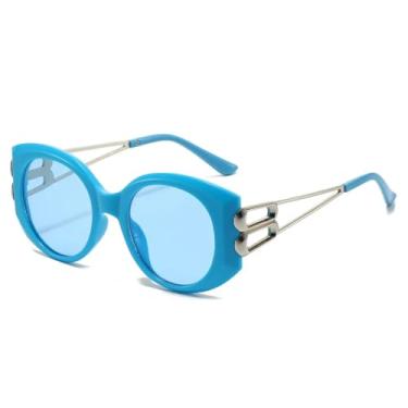 Imagem de HPIRME Óculos femininos retrô de armação oval grande, luxuosos, em tecido jelly, com ponte dupla e proteção UV400 (azul).