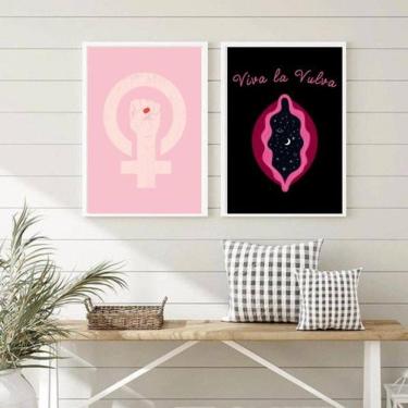 Imagem de Kit 2 Quadros Feministas Viva La Vulva 24x18cm - Com Vidro